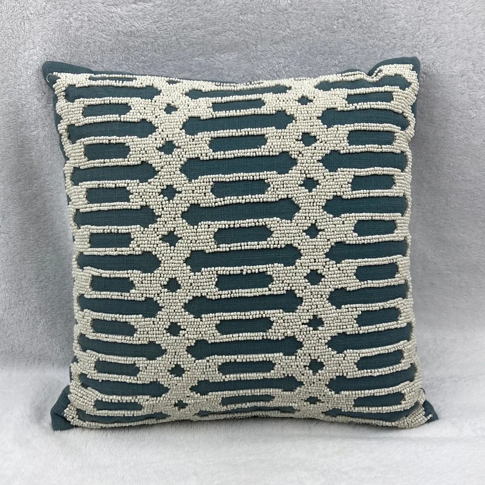Pier 1 VTG Teal & Cream Beaded Decorative Pillow 12 x 12
